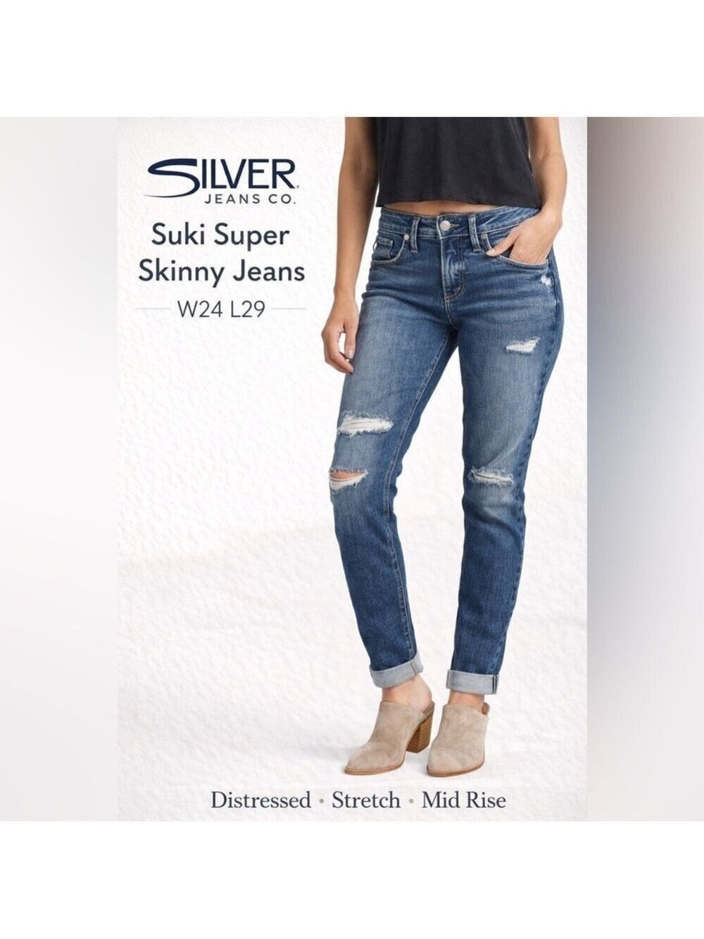Silver Jeans Co Suki Super Skinny Jeans W24 L29 Distressed Stretch Denim